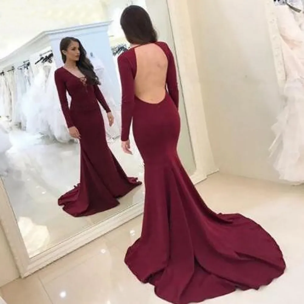 New Simple Long Sleeve Dress Party Open Back Cheap Evening Dress ballkleider lang Elastic Burgundy Mermaid Prom Dresses239f