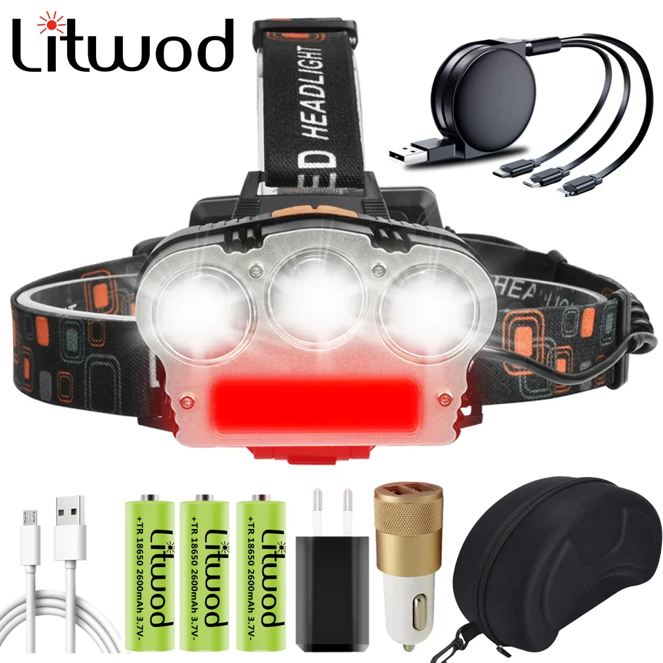 XM-L T6 Headlamp Headlamp Power Bank 7800mAh Head Latarka Lampa Biały Czerwony Kolor Akumulator 18650 Reflektor baterii do kempingu