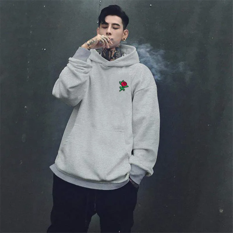 Autumn Winter Rose Hoodies Men's Sweatshirts Rose Embroidery Cotton Men Women Oversize Hoody US Size XS-XL