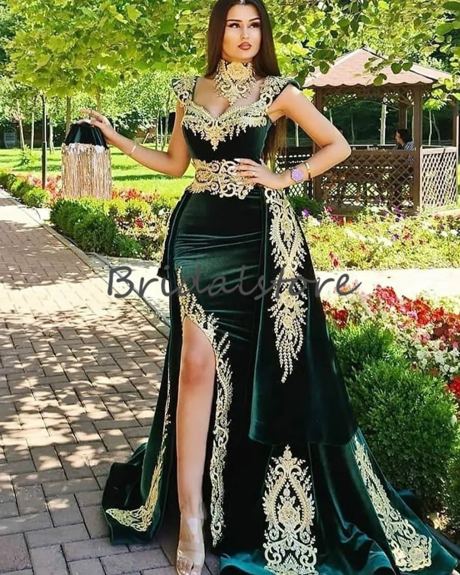 Dubai Caftan Green Mermaid Suknie Wieczorowe z odpinanym pociągiem 2020 Elegancki Turcja Arabska Złota Koronka Prom Sukienka z szczelinami Plus Size Formal