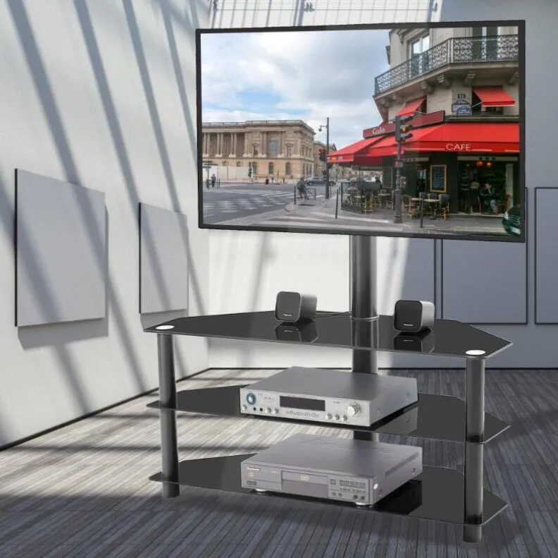 EU Stock Preto Multi-função de TV Stand altura ajustável Suporte Giratório 3-Tier Home Living Room Móveis W24105047