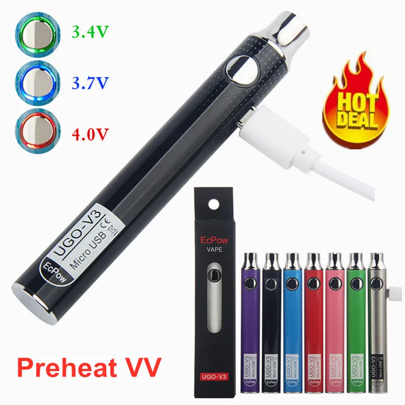 Original EVOD Preheat VV Variabel spänning Micro USB eCig Vape Pen Batteri med eGo Laddare 510 tråd UGO V3 V2 Vaporizer 650 900mAh