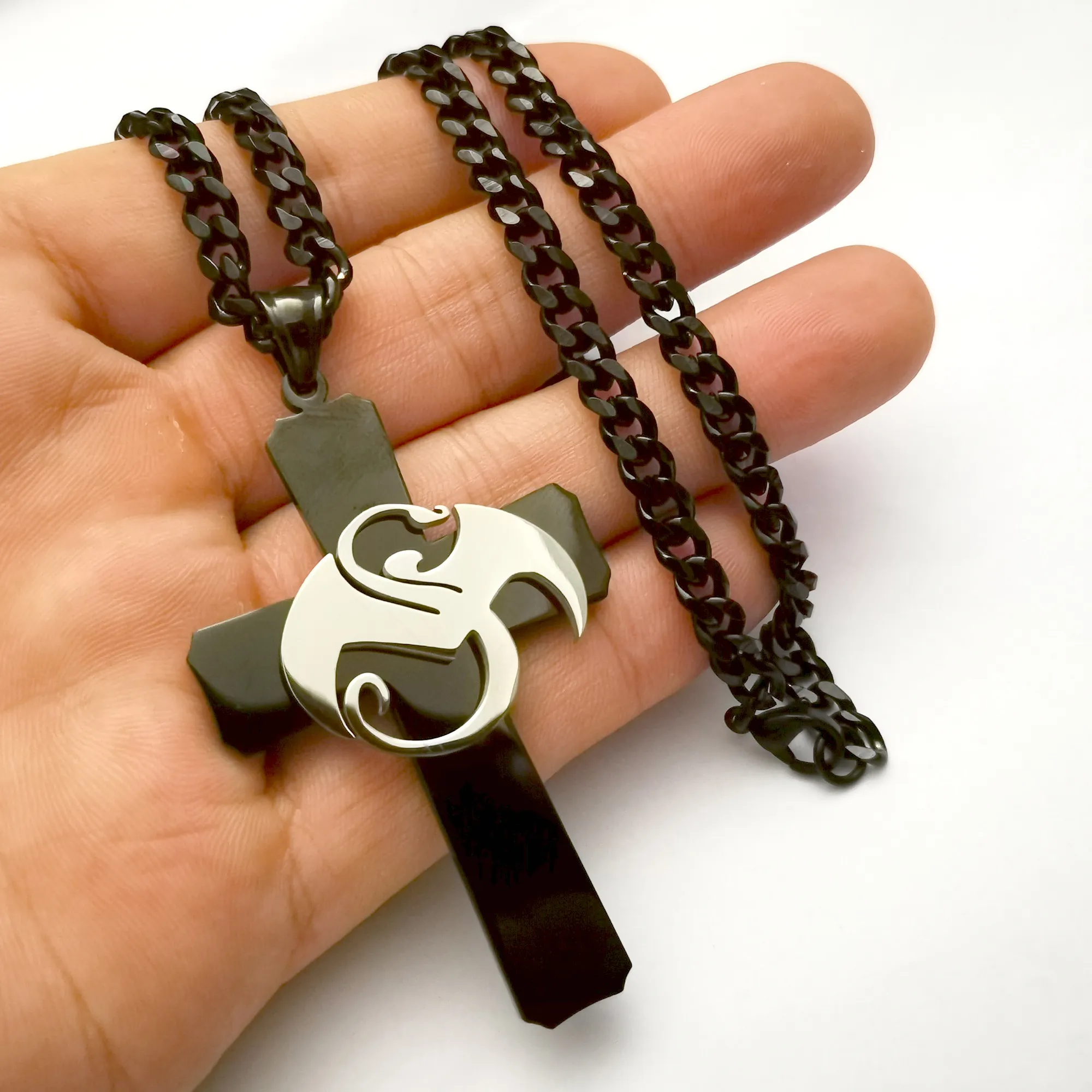 Duży Dziwny Muzyka Smok Charms Ze Stali Nierdzewnej Black Cross Wisiorek Naszyjnik W / 5mm 24 'Curb Chain ICP Jugallo