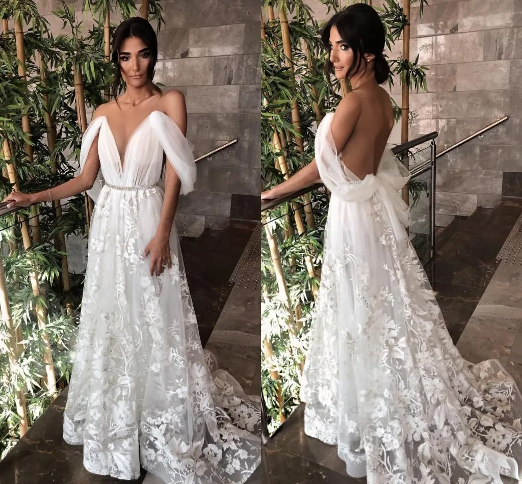 2021 Off-Shoulder Lace Applique Wedding Gown with Embroidery, Crystals, and Sweep Train - Backless A-Line Prom Dress Websites