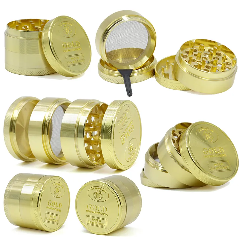 The World Over Gold Herb Grinder 40mm 50mm Diamètre Élégant 4 Pièces Broyeurs À Herbes En Alliage De Zinc Broyeur À Tabac Sec Accessoires Pour Fumer