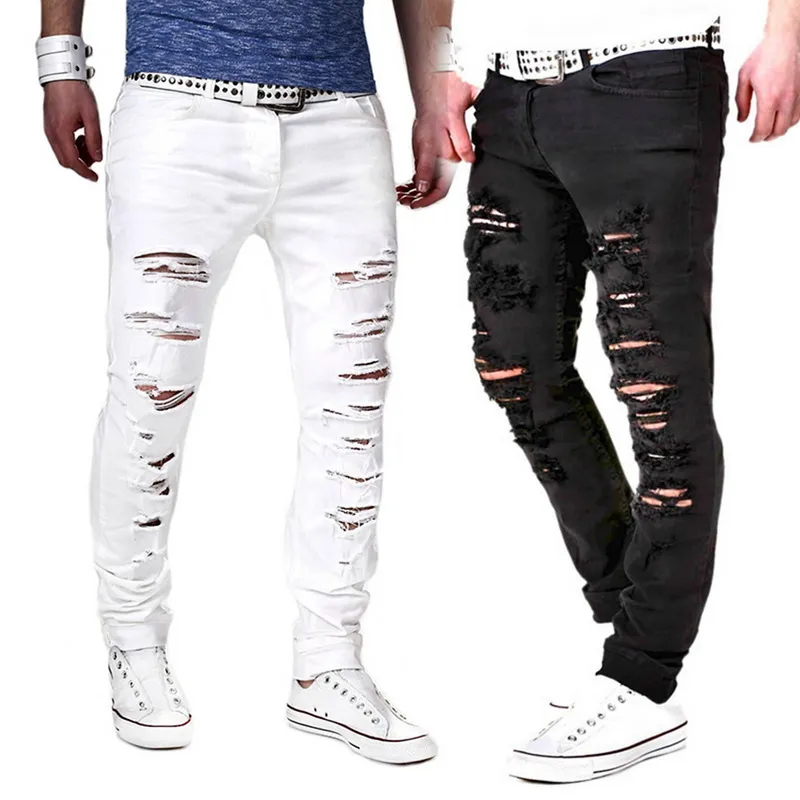 Heren Jeans Sfit Mode Effen Wit Mannen Sexy Gescheurd Gat Distresses Gewassen Skinny Mannelijke Toevallige Bovenkleding Hip Hop Broek 2021