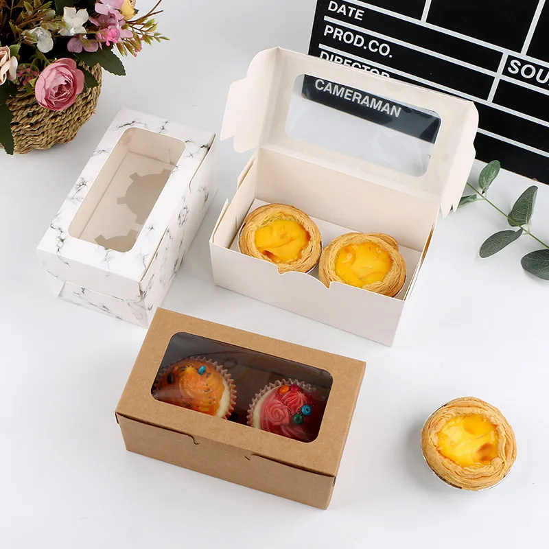 300 X Bakery Display Clear Window Packaging Container Birthday Dessert Storage Wedding Party 2 Holes White/Brown Cupcake Muffin Box