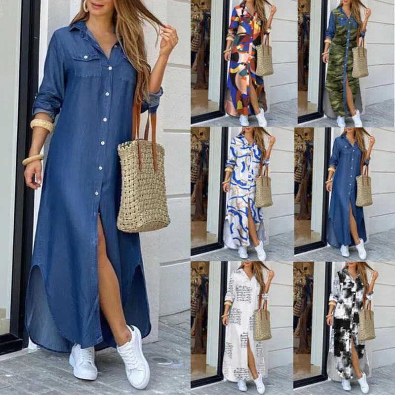 Plus Size Fashionable Shirt Style Button Dress Ladies Casual Long Street Dresses Loose Home Maxi Women