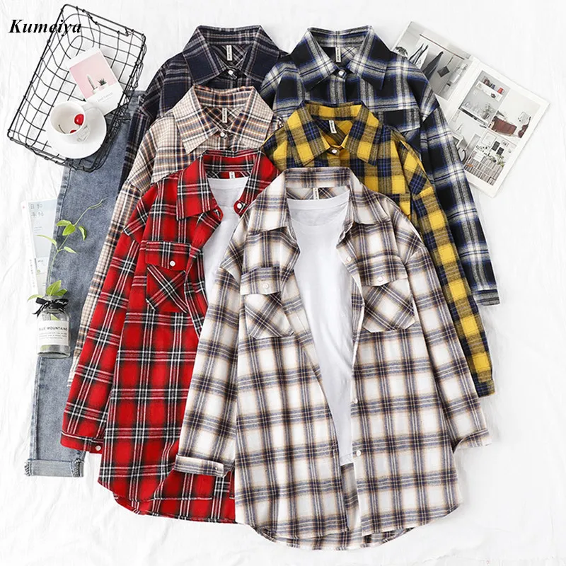 2020 autunno Plaid Camicia di Flanella Donne Camicette E Magliette E Camicette Retro Cotone Della Signora Capispalla Allentato Chemisier Femme Due Tasche