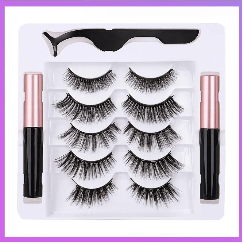 Wholesale 3D imitation mink eyelashes magnet eyelashes 5 pairs of magnet eyelashes set double tube magnetic Eyeliner