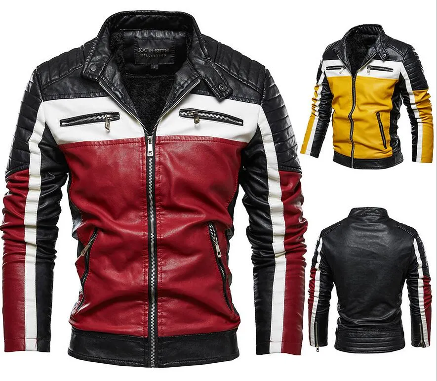 Top US-Stil Punk warme Fleece Motorrad Mann Jacke Stehkragen Samt Herren Kunstleder Oberbekleidung Reißverschluss Mäntel