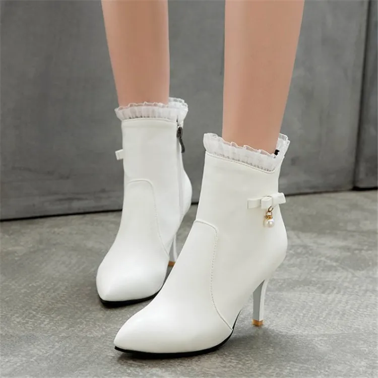 Pxelena Winterschoenen Dames Zwart Wit Beige Bruid Wedding Enkle Boots Stiletto Dunne Hoge Heels Ruches Bow Tie Pearl schoenen