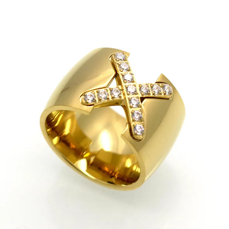 Moderinge aus Titanstahl für Damen, trendiges X-förmiges Kreuz, CNC-Zirkonia, Punk-Ring, Fingerschmuck, hochglanzpolierter Goldstahl, Rosel, Größe 6–9