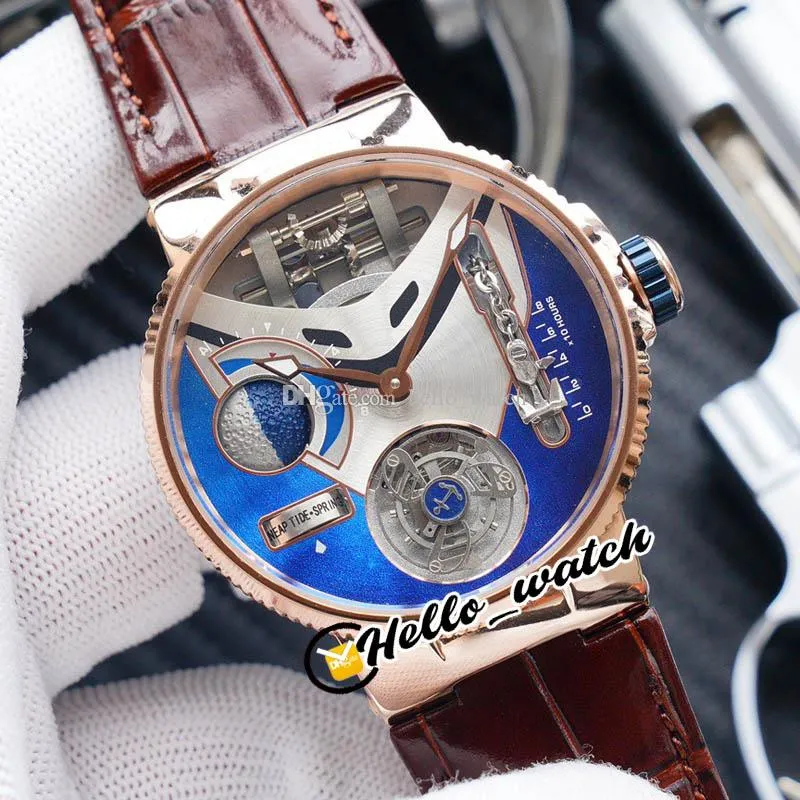 Meilleur nouveau Mega Yacht 6319-305 émail 3D cadran bleu automatique Tourbillon montre pour homme boîtier en or rose bracelet en cuir marron montres Hello_Watch F34