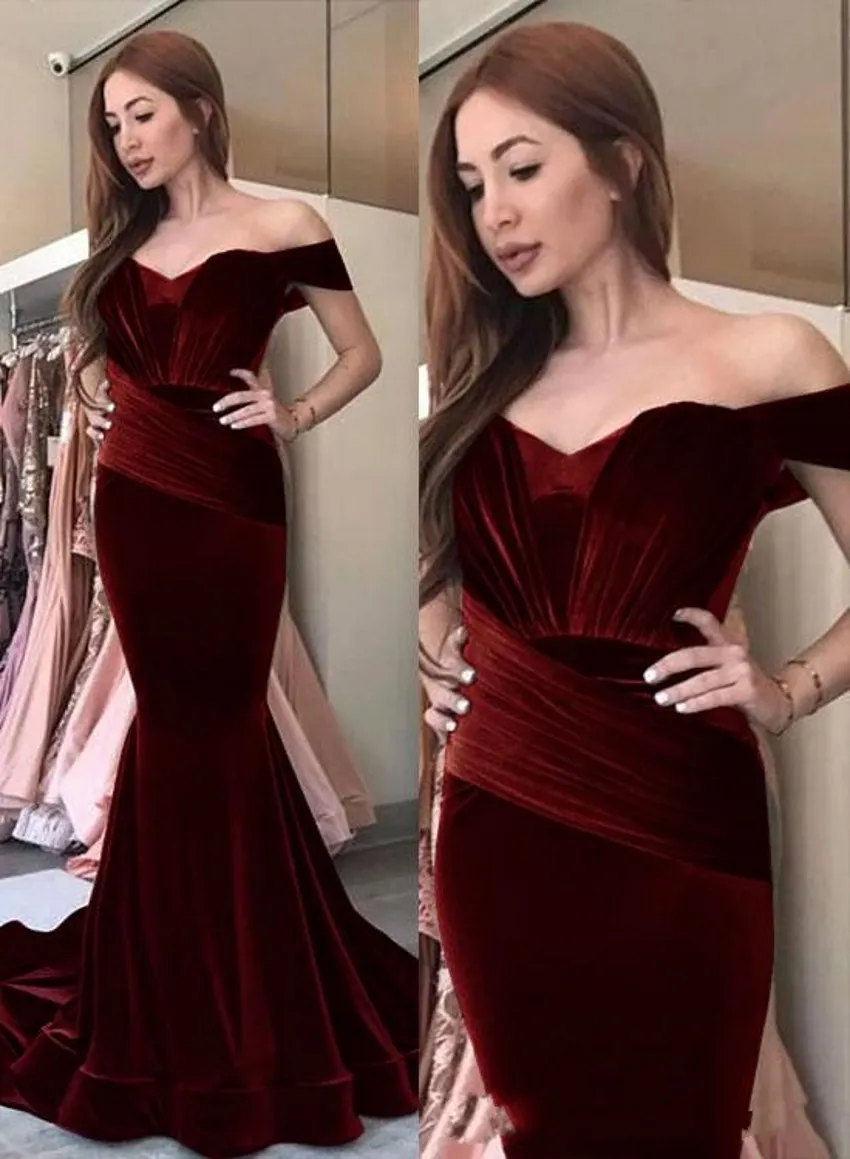 Nowy Velvet Mermaid Prom Dresses Off Ramię Suknie wieczorowe Plisowana długość podłogi Dress Party Dress Formalna Sukienka Wieczorowa Wear Robes De Soirée