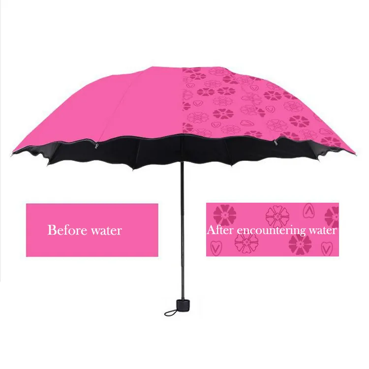 Parapluie de dames'sunshine fleurs dans l'eau change de couleur parasol parapluie triple pli en caoutchouc noir crème solaire UV femme parapluies 201112