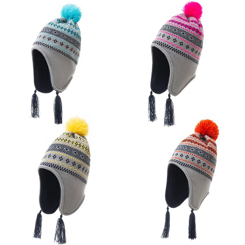 2020 neue Winter 4 Farben Kinder Stricken Quaste Hüte Baumwolle Jacquard Gestrickte Ohrenschützer Warme Dicke Kappe Outdoor Ski Caps Für 0-3Y M2815
