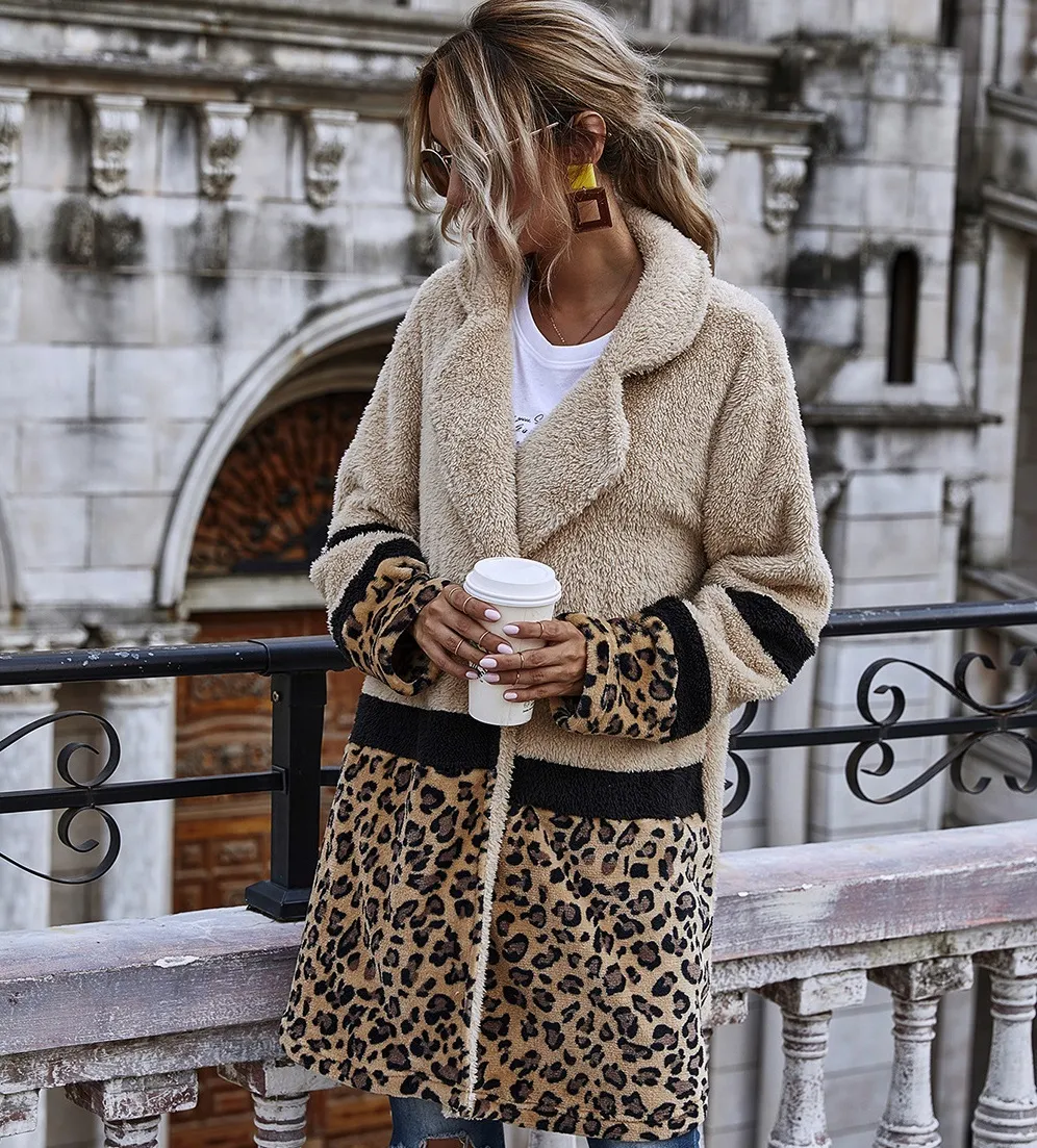 여성 아우터 울 스웨터 가짜 푹신한 모피 테디 양털 캐주얼 재킷 긴 코트에 두꺼운 따뜻한 디자이너 레오파드 외투 여자의 겨울