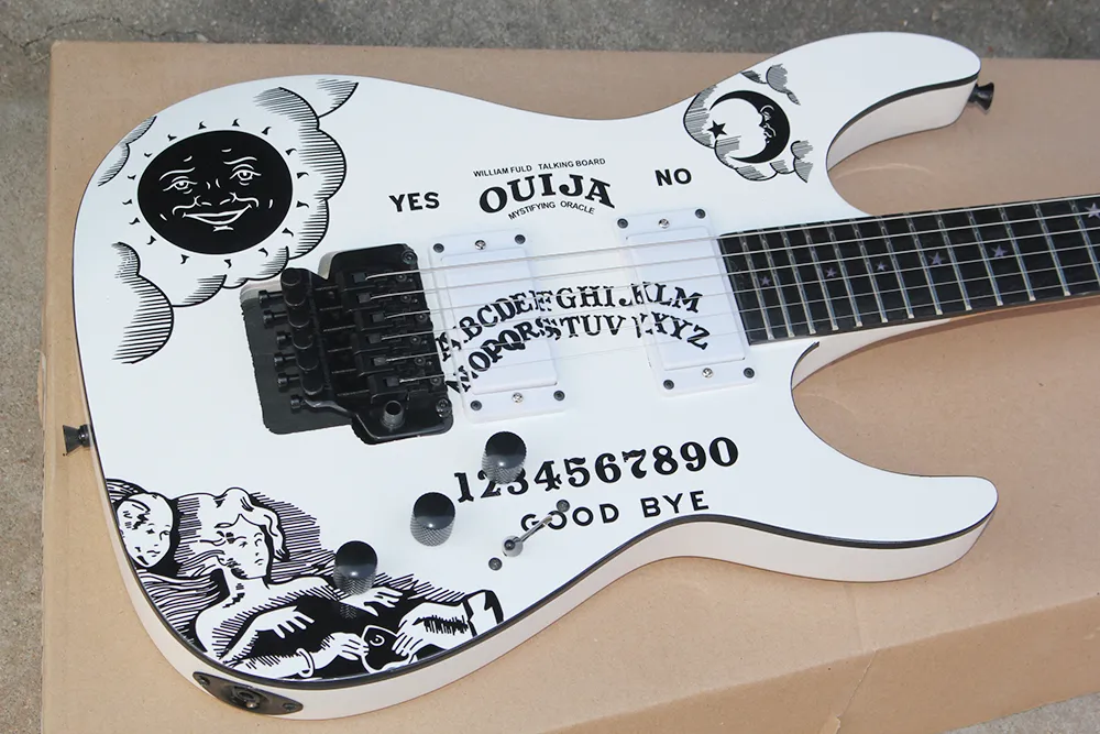 Factory Custom White Electric Guitar with Moon Pattern,Black Hardwares,Stars Fret Inlay,Rosewood Fretboard,Can be Customized