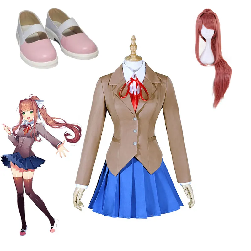 Doki Doki 문학 클럽 Monika Cosplay Sayori Yan Natsuki 가발 신발 코스프레 의상 학교 유니폼 소녀 여성 할로윈 코스프레