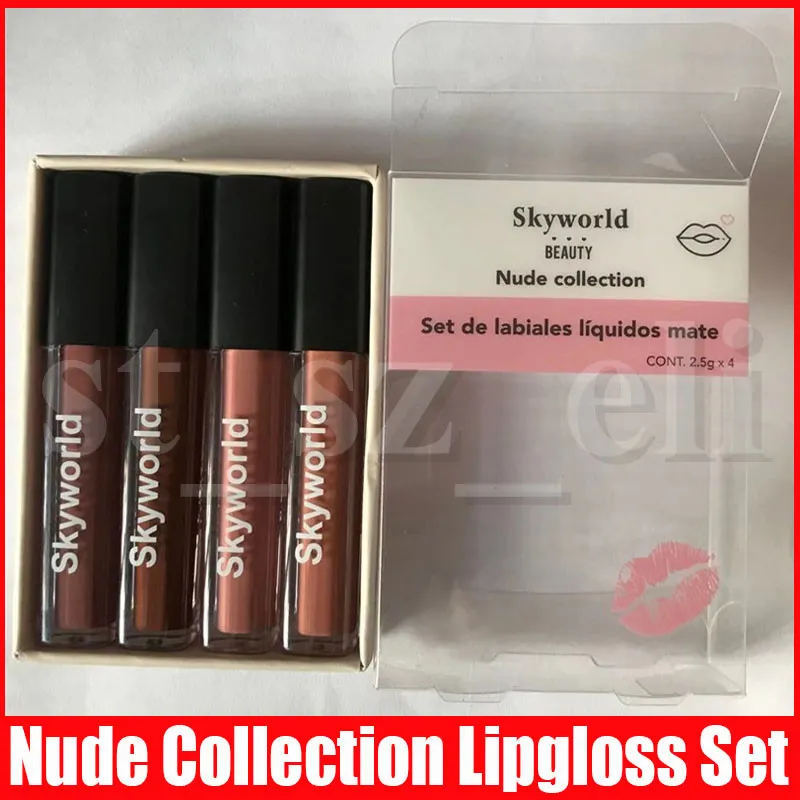 4 Renkler Skyworld Makyaj Nü Koleksiyonu Dudak Parlatıcı Sıvı Rujlar Su geçirmez Nü Renk Lipgloss Seti 4pcs / set Makyaj