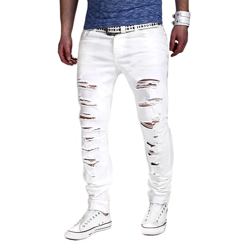 Jeans masculinos sfit moda sólida branco homens sexy rasgado buraco aflige lavado magro masculino casual outerwear hip hop calças 2021217v