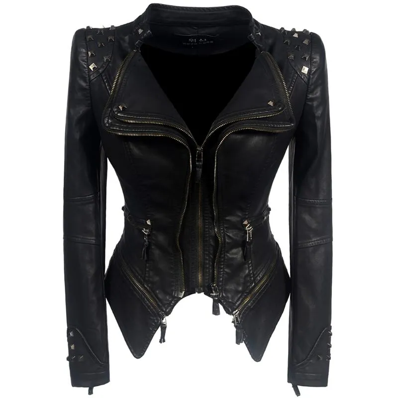 2020 Coat Hot Women Winter Autumn Black Fashion Motorcykeljacka Ytterkläder Faux Leather Pu Jacka Gotiska Faux Läderrockar