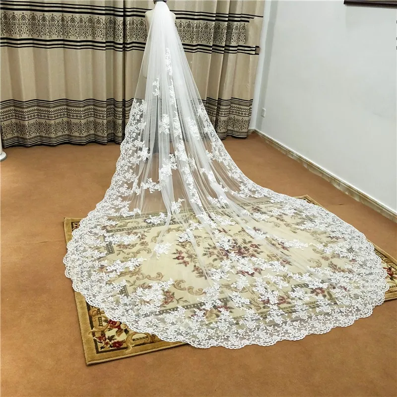 화이트 아이보리 3M 5M 웨딩 베일 2021 레이스 Applique Edge Tulle Veil With Comb 대성당 길이 Romatic Wedding Veil Real Image