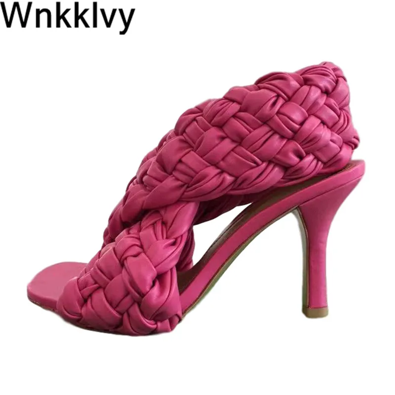 Sandały Krzyż Pasek Pleciony Kobiety Wysokie Obcasy Spaure Toe Hand Woven Gladiator Sandalia Summer Party Dress Sukienka Runway Buty Kobieta