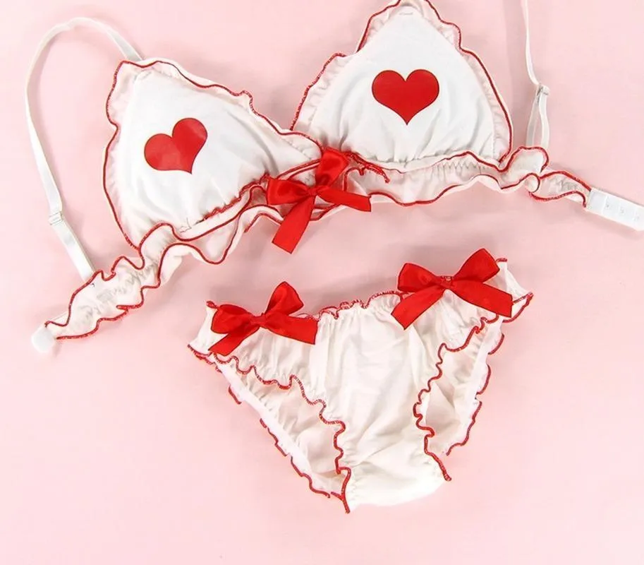 Youth Girls Cute Bra Set Heart Print Top With Bow Low Small Wire Free Sleep  Underwear Women Sexy Kawayi Lingerie Pink And Red From 31,35 €