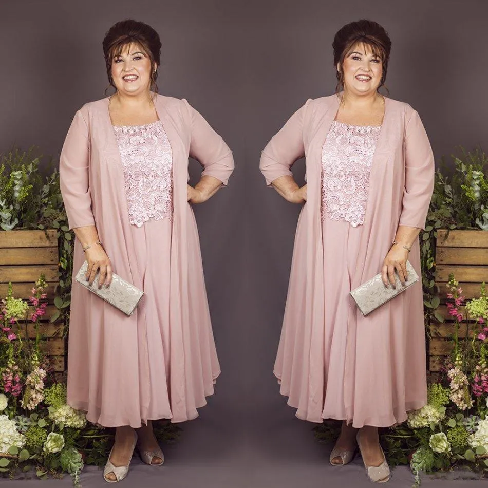 2 stuk enkellengte moeder van de bruid jurken pakken met lange jas plus size chiffon kant bruiloft gasten jurk bruidegom moeder feestjurken