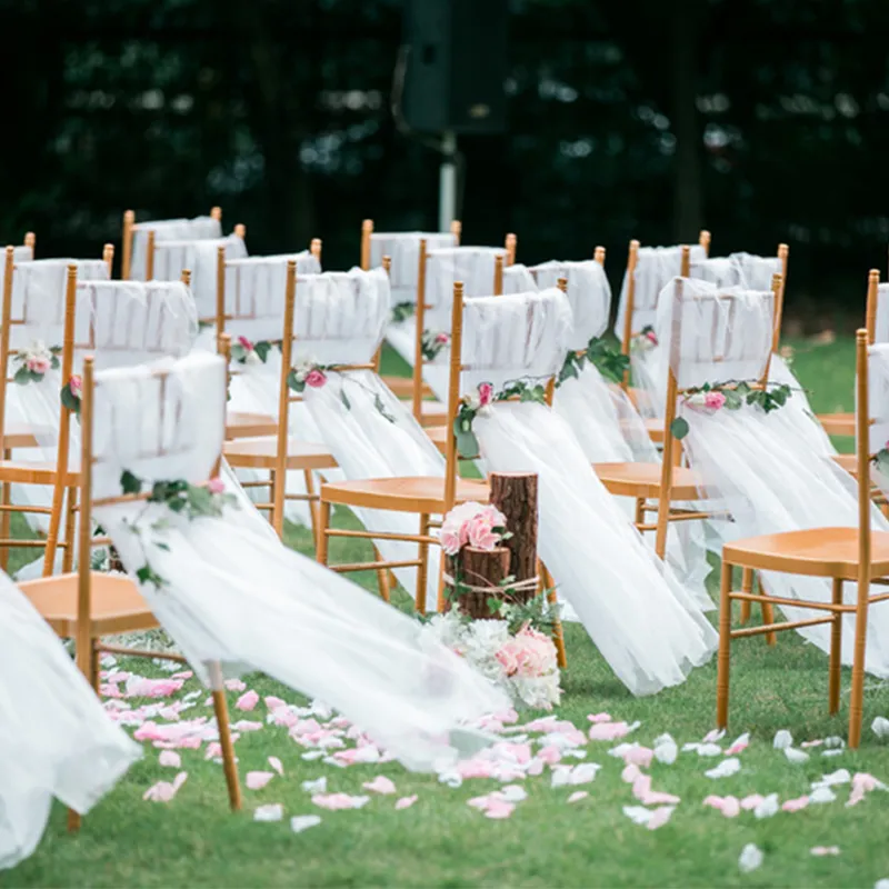 Fundo do casamento Véu Organza Chair Voltar Fios Sign-in Desk Arranjo Suprimentos Decoração do casamento Fios festa ao ar livre