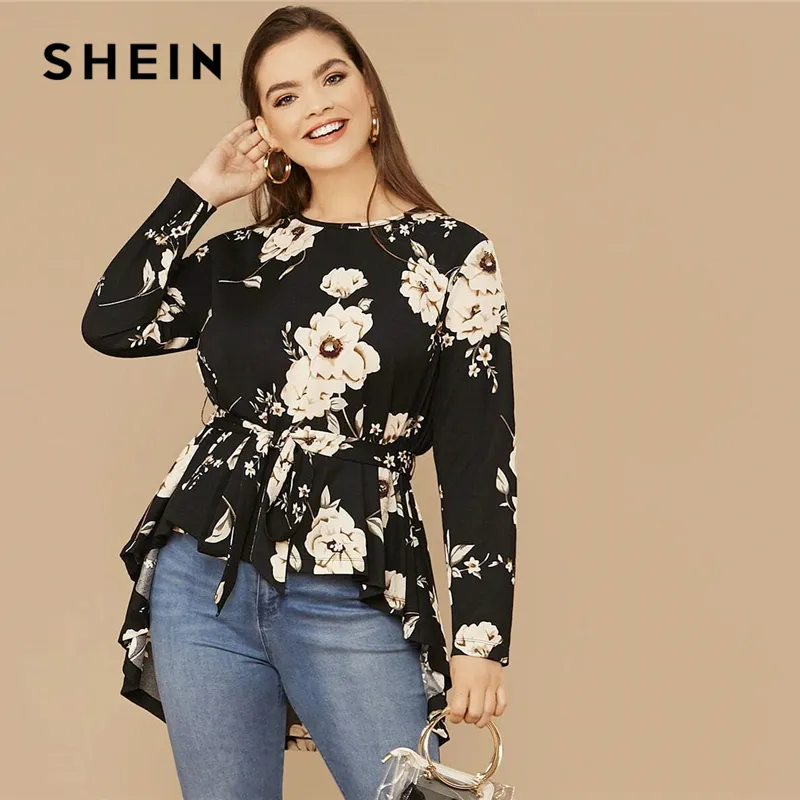 SHEIN Plus Size Black Floral Print High Low Hem Belted Top Women Spring  Autumn Blouse Office Lady Casual Womens Tops And Blouses CX200821 From  Huafei05, $23.52