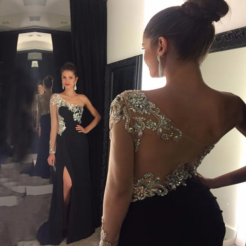 Sparkly Crystals Beaded Aftonklänningar 2021 Svart Illusion Långärmad Baklösa Prom Lökar One Shoulder Sexig Split Formell Klänning Al6900