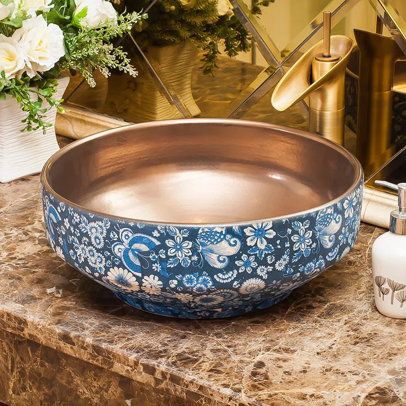 Złoty kolor Europa Styl Chiny Handmade Lavabo Washbasin Artystyczny Łazienka Sink Ręcznie Malowane Ceramiczne Łazienki Umywalki
