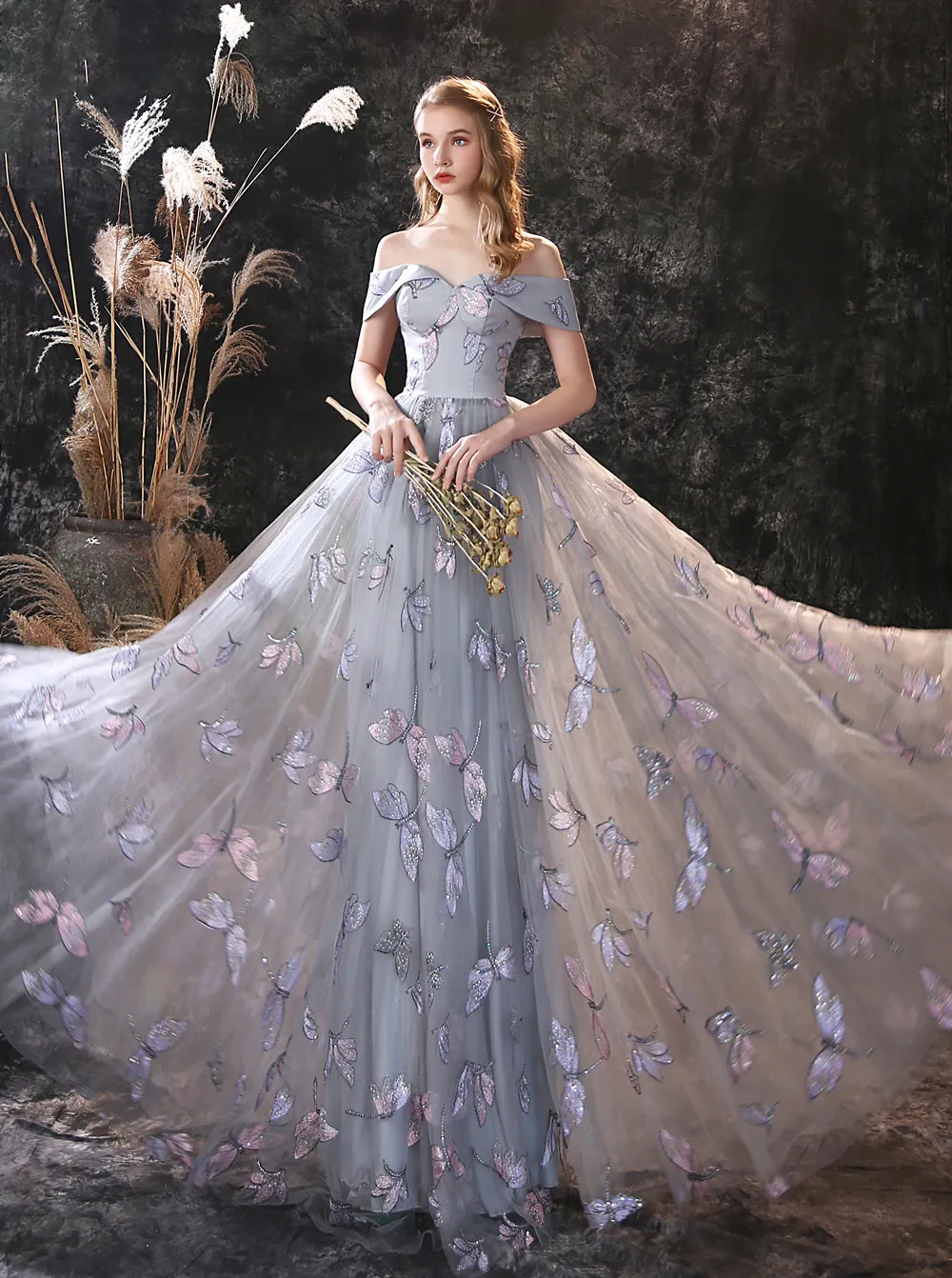 2020 Custom Off-Shoulder Lace Applique Princess Evening Gown with Laces-up Back and Sweep Train - Perfect for Special Occasions 2020 Custom Off-Shoulder Lace Applique Princess Evening Gown with Laces-up Back and Sweep Train - Perfect for Special Occasions