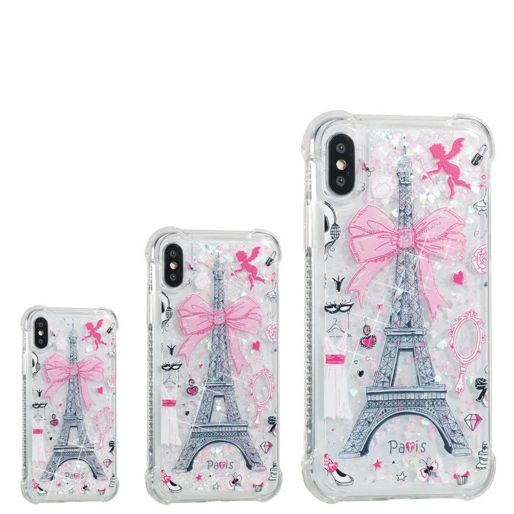 För iPhone X XS Max XR 6 7 8 Plus Telefonväskor Lovely Bow Tower Fashion Glittering Flow Flytande Sequins TPU COVER CASE