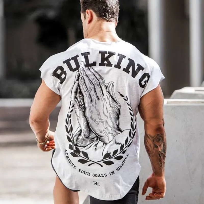 Mens Cotton Printed t shirt Summer Gyms Fitness Bodybuilding sleeveless T-Shirts Male Fashion Casual Workout Tees Tops Clothing
