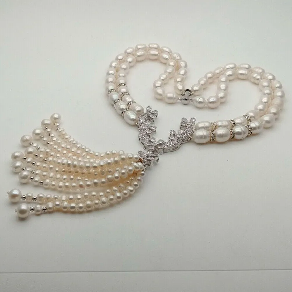 Модное заявление натуральные белые пресноводные жемчужные кисточки ожерелье циркона застежка 48-51 см длиной