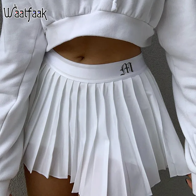 Waatfaak 白プリーツスカートショート女性弾性ウエストミニスカートセクシーなマイクロ夏刺繍ミニテニススカート新しいプレッピー