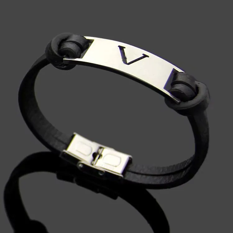 Europe America Fashion Style Men Hollow Out V Letter Black Double-deck Leather Bracelet 