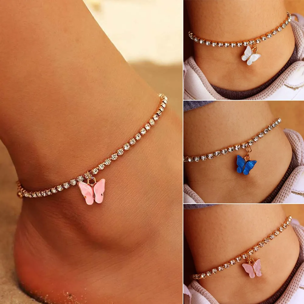 Sweet Cute Butterfly Anklet Rhinestone Crystal Enkle Armband Boho Strand Acryl Ankentjes voor Vrouwen Sandalen Voet Armbanden Vrouwelijke Sieraden