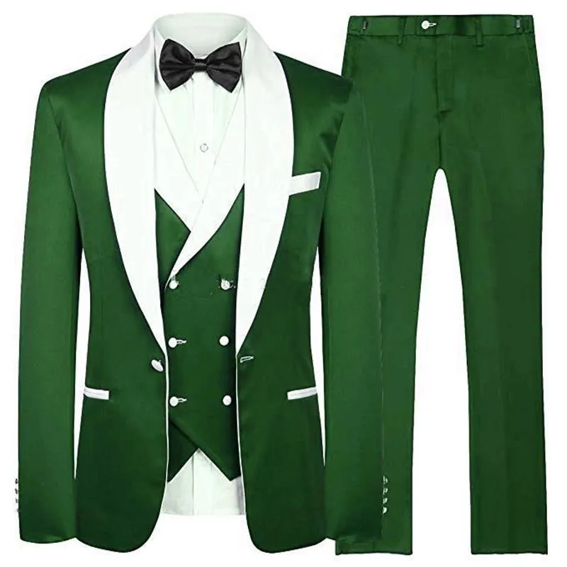 Moda Yeşil Damat smokin Beyaz Şal Yaka Sağdıç Düğün Smokin Erkekler Balo Ceket Blazer 3 Adet Suit (Ceket + Pantolon + Kravat + Yelek) 35