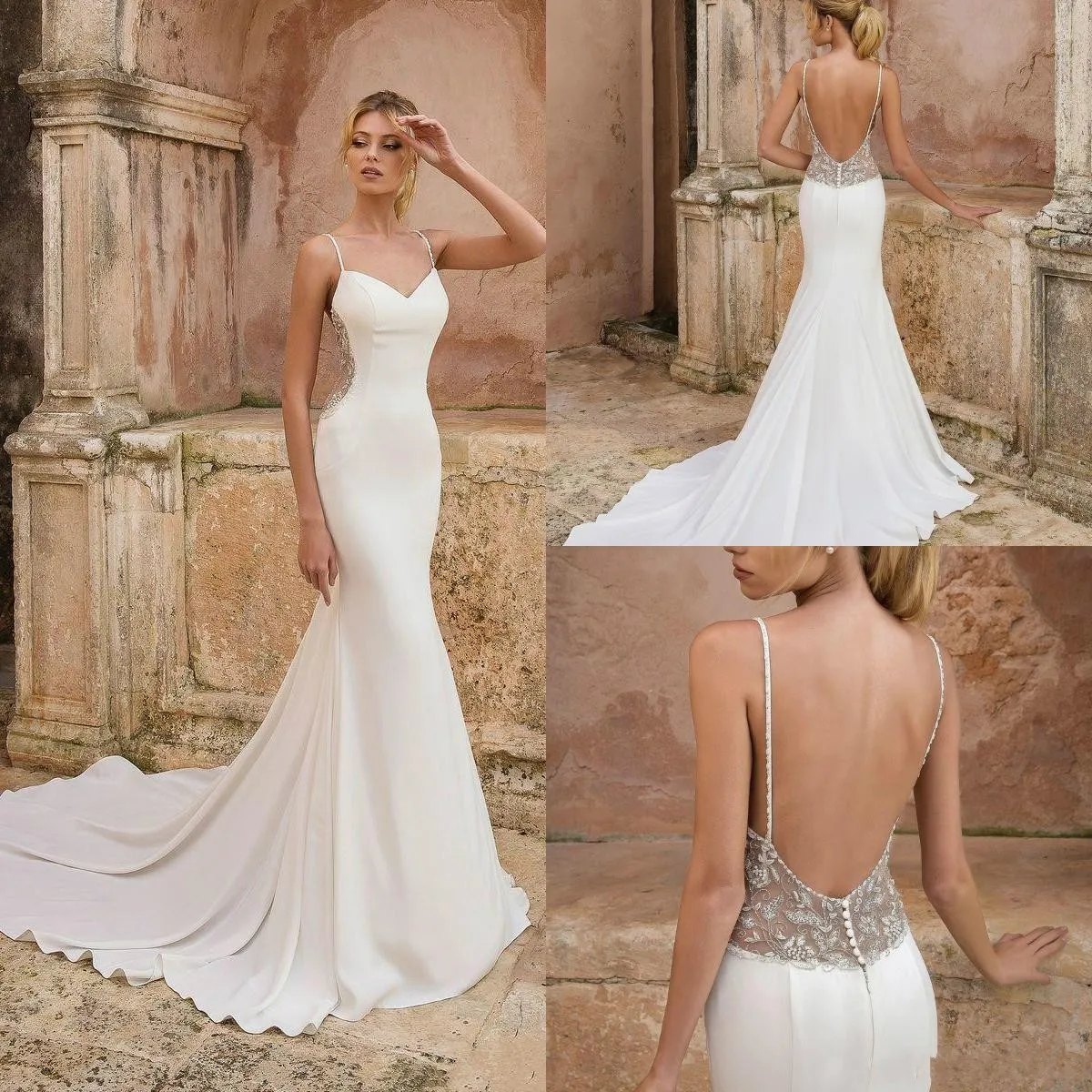 Seksowna plaża Plus Size Syrenki Suknie Ślubne Spaghetti Pasy Satin Backless Bohemian Boho Suknia Ślubna Sweep Pociąg Kraj Bridal Suknie