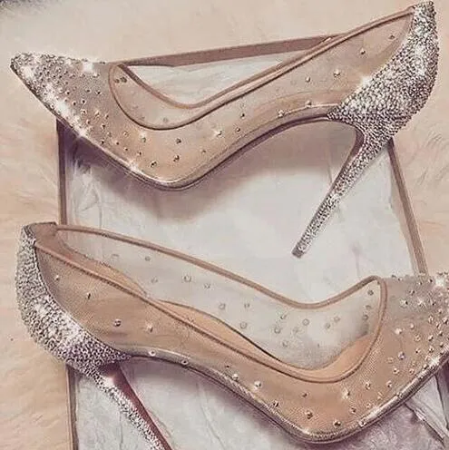 Genomskinlig Silver Bling Modedesign Dam Rödbotten Högklackade Pumps Sommar Strass Fest Bröllop Stiletto Tunna klackar