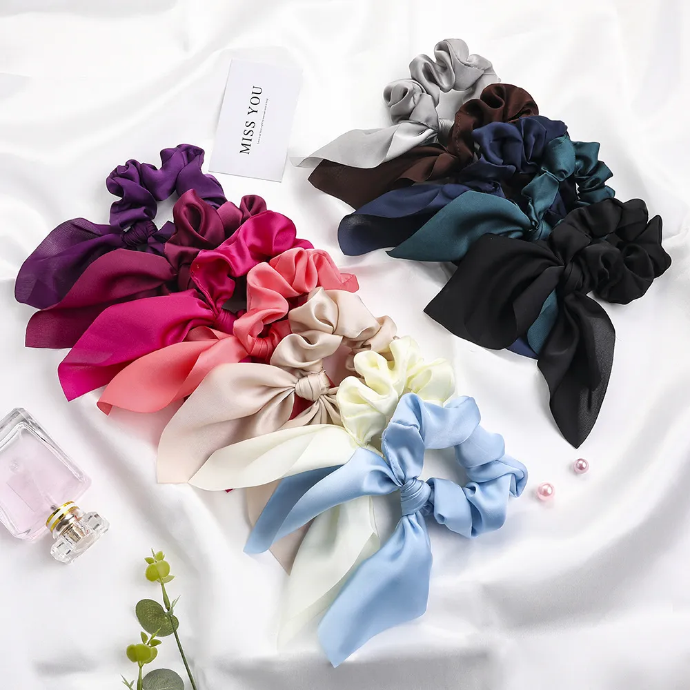 Satin SilkRabbit Bunny Ear Bow Bowknot Scrunchie Bobbles Elastic Hair Ties Bands Ponytail Holder for Women Accessories