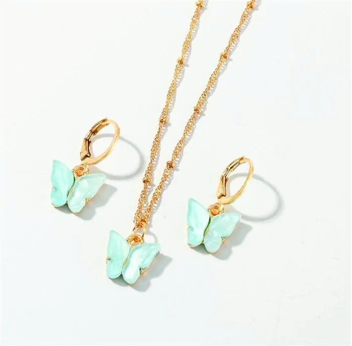 Anhänger Mode 2020 Schmetterling Halsketten Und Ohrringe Set Für Frauen Mädchen Mode Rosa Gold Halskette Elegante Halsband Süße Schmuck geschenk