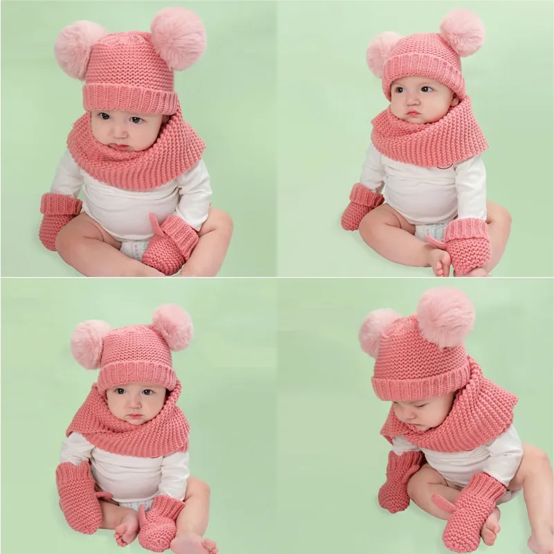 2021 New Baby Kids Winter Hat Scarf and Gloves Girls Knitted Warm Beanie Cap with Neckerchief Circle Loop Scarf Crochet Hat 3pcs/Set