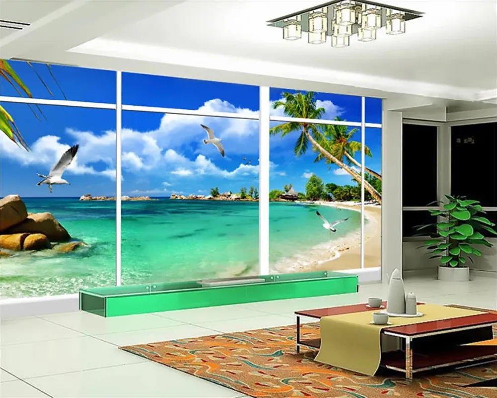 Carta da parati murale 3D Bellissima vista naturale sul mare fuori dalla finestra TV stereo 3D Sfondo Decorazione murale Carta da parati con paesaggio 3D