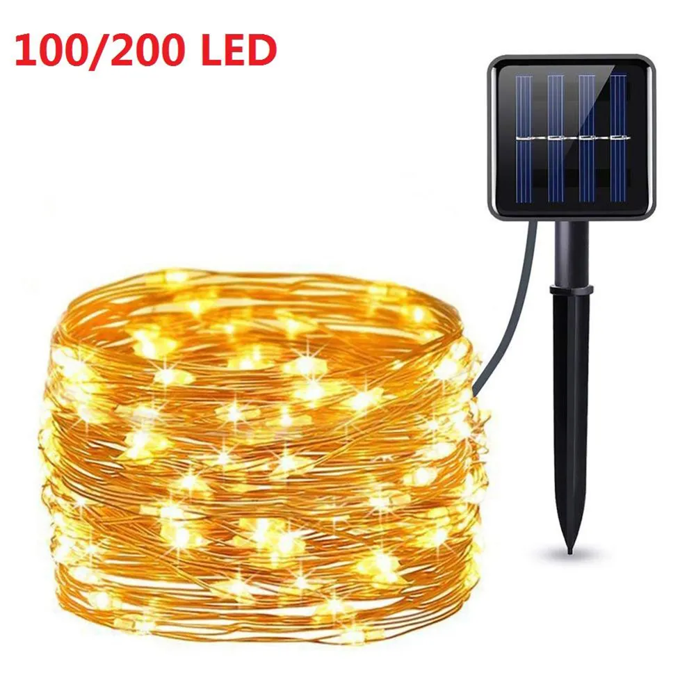 Solar LED Light String 10m 20m 8 Modes Sliver Koppar Tråd Ljus Utomhus Starry Fairy Garden Lawn String Light for Decoration